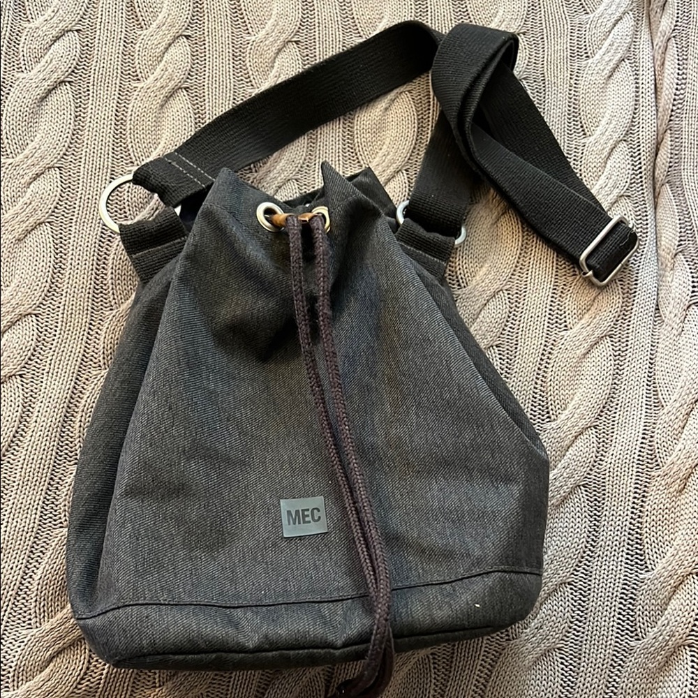 MEC Black Crossbody Bag with Textured Fabric and Silver Hardware